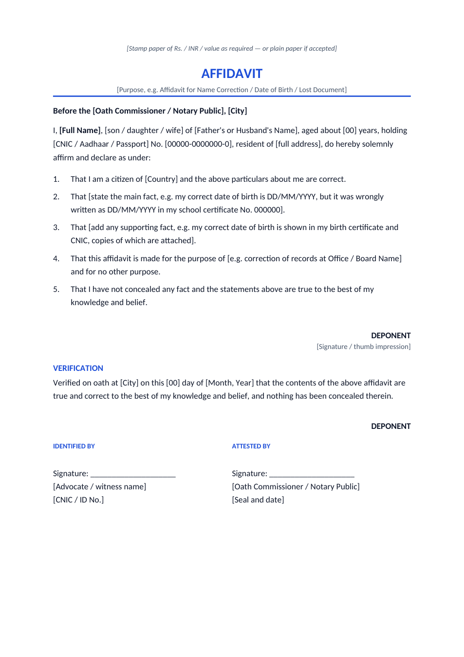 Preview of the Affidavit template
