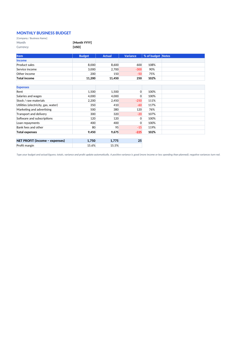 Monthly Business Budget template preview