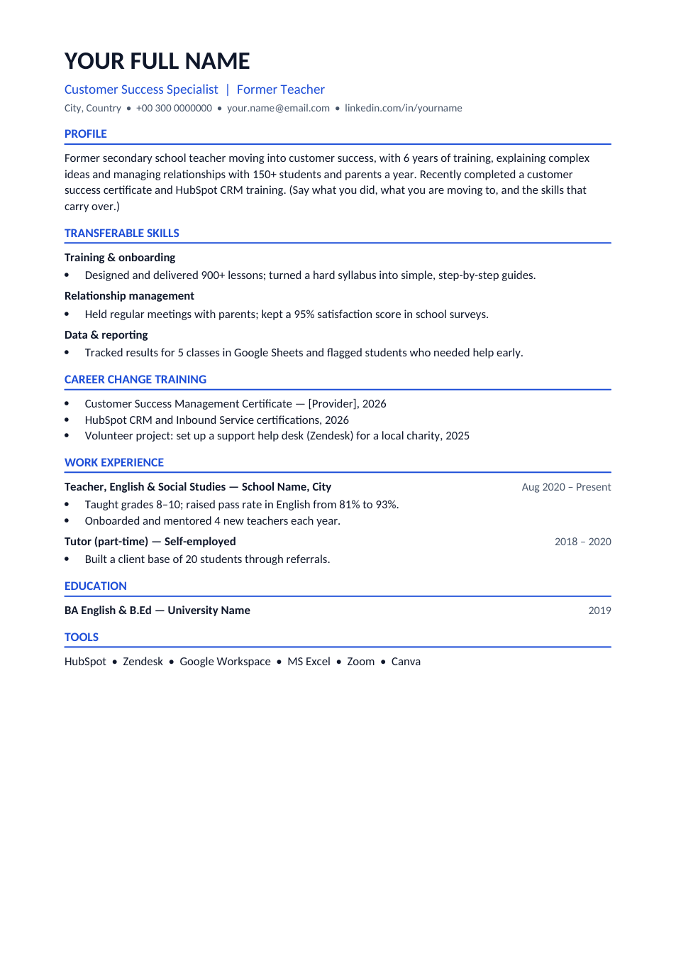 Career Change CV template preview
