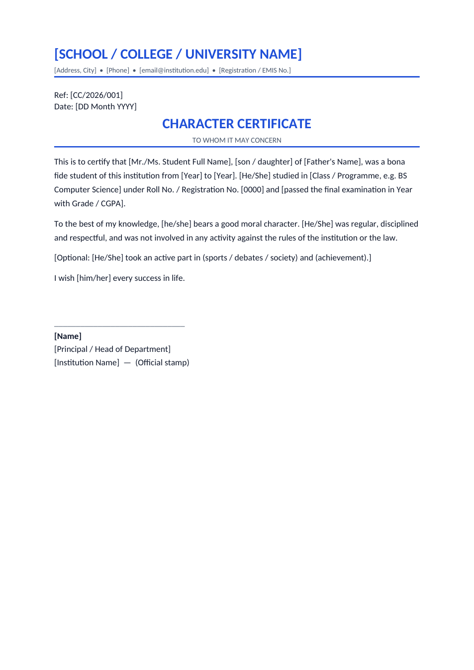 Character Certificate template preview