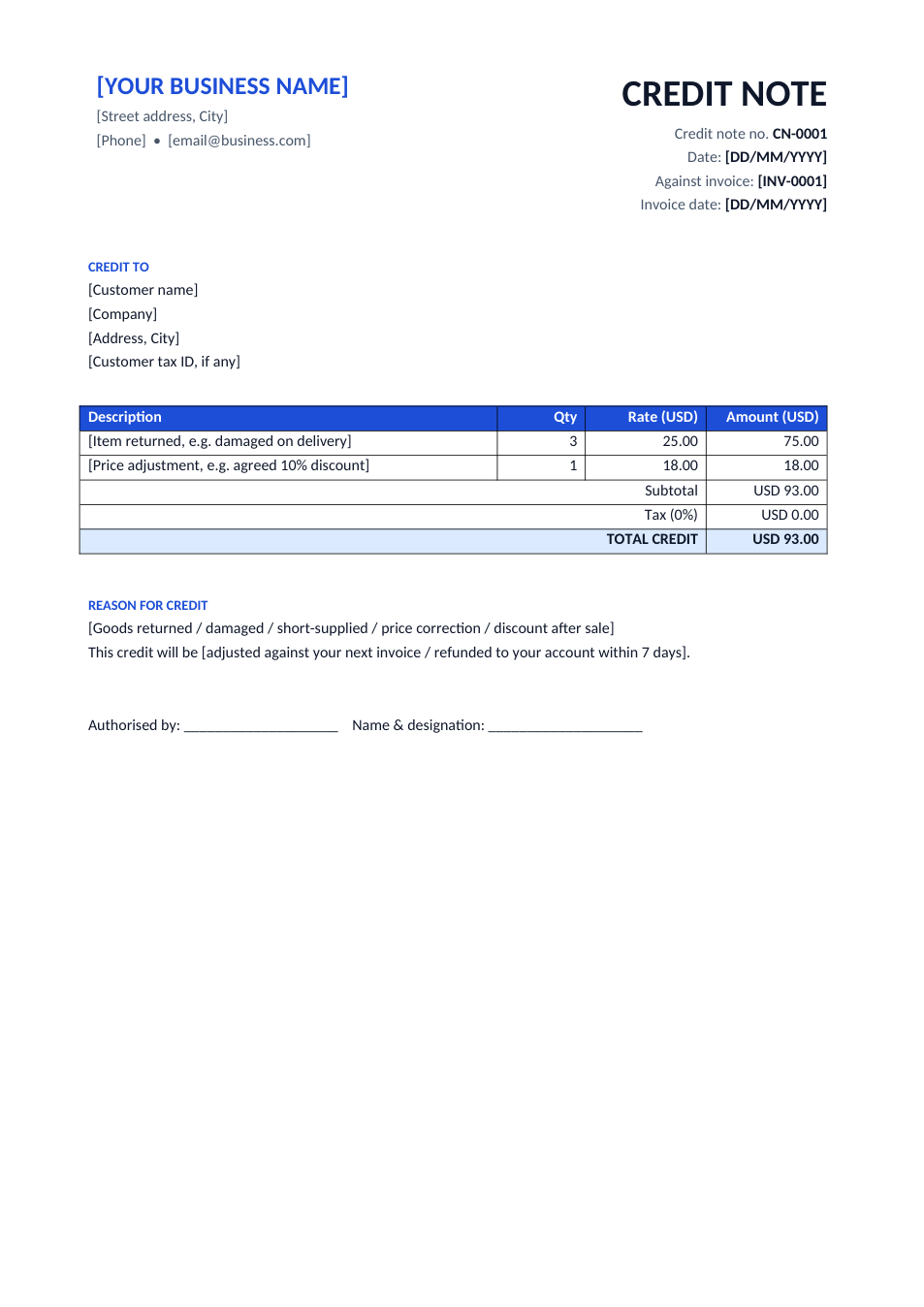 Credit Note template preview