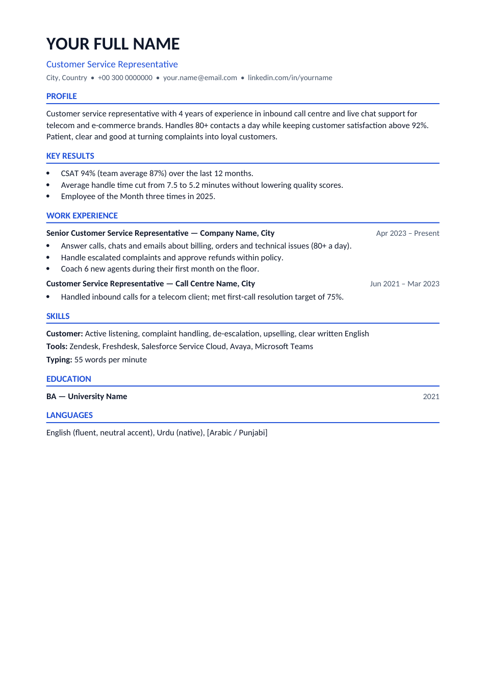 Customer Service CV template preview