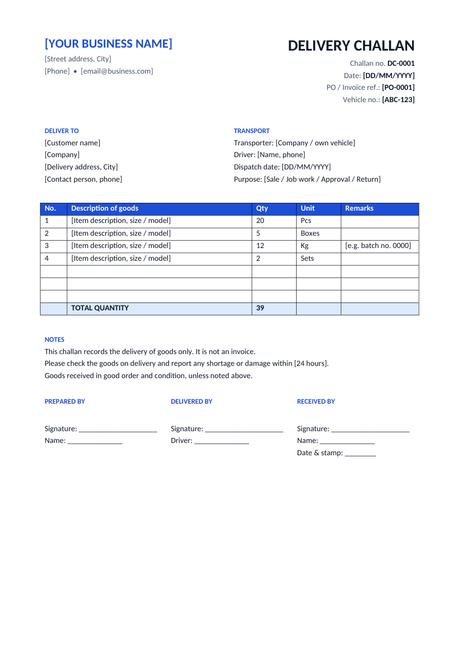 Delivery Challan template preview