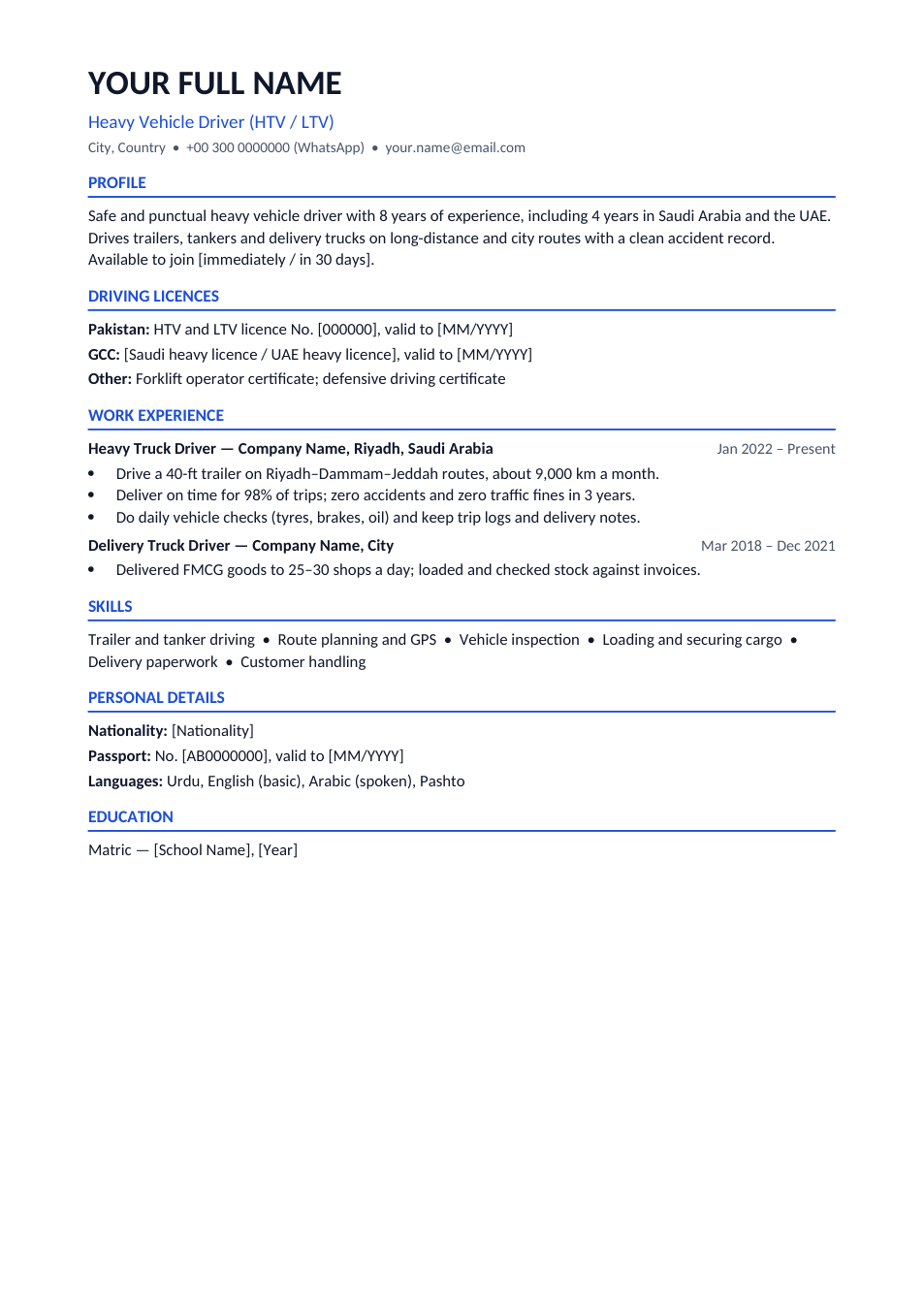 Preview of the Driver CV template
