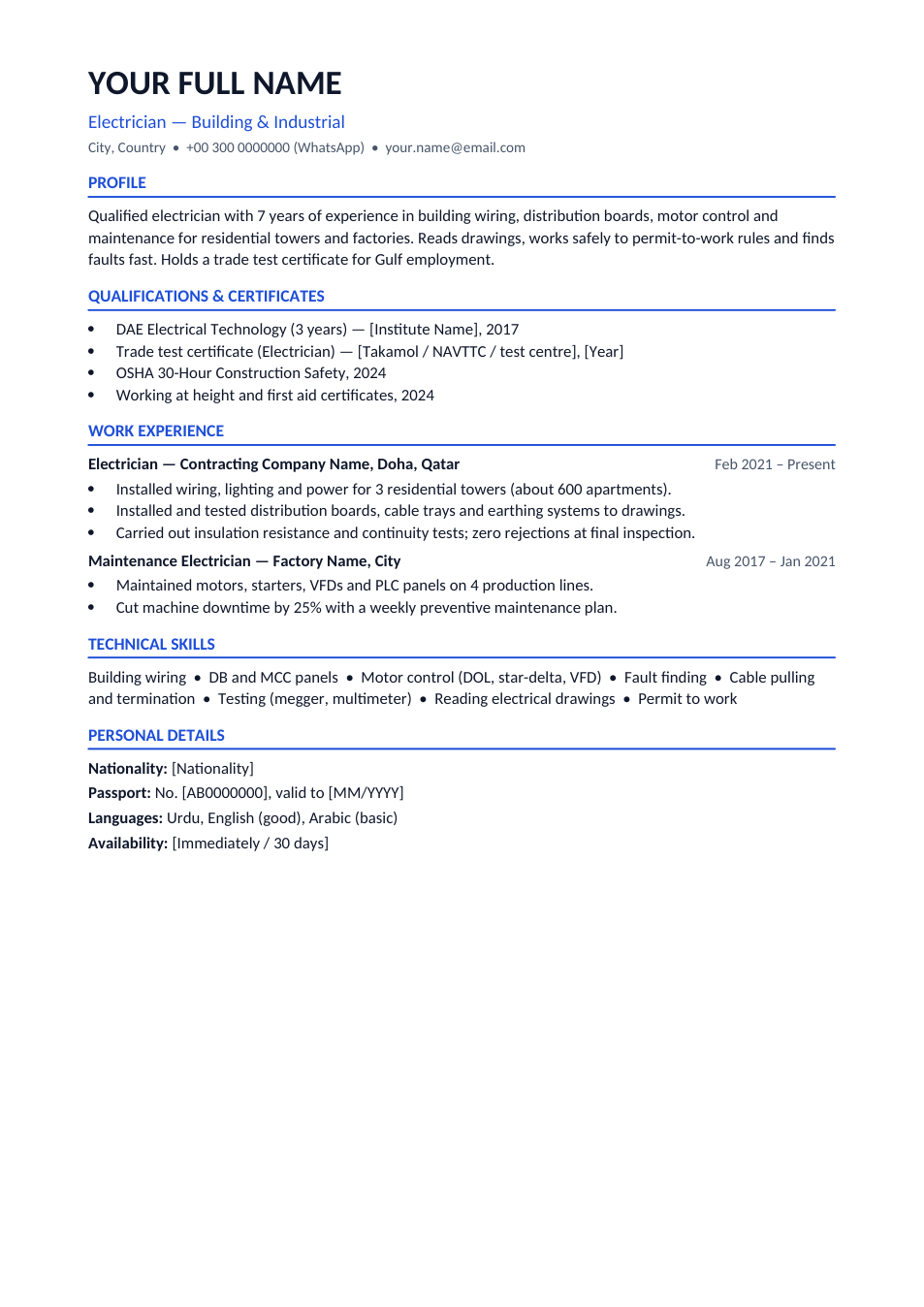 Electrician CV template preview