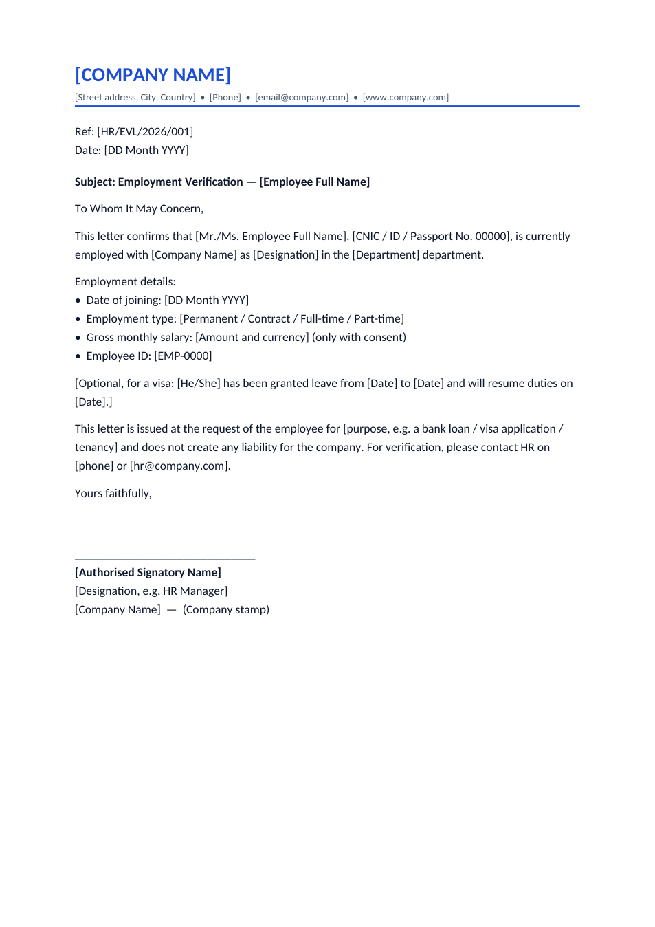 Employment Verification Letter template preview