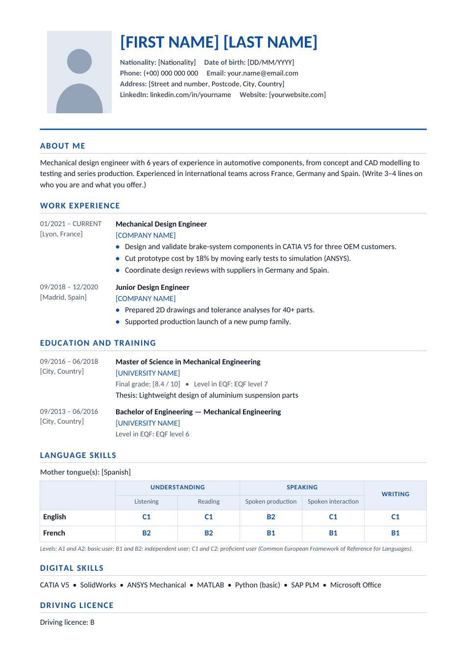 Europass CV (Europe) template preview