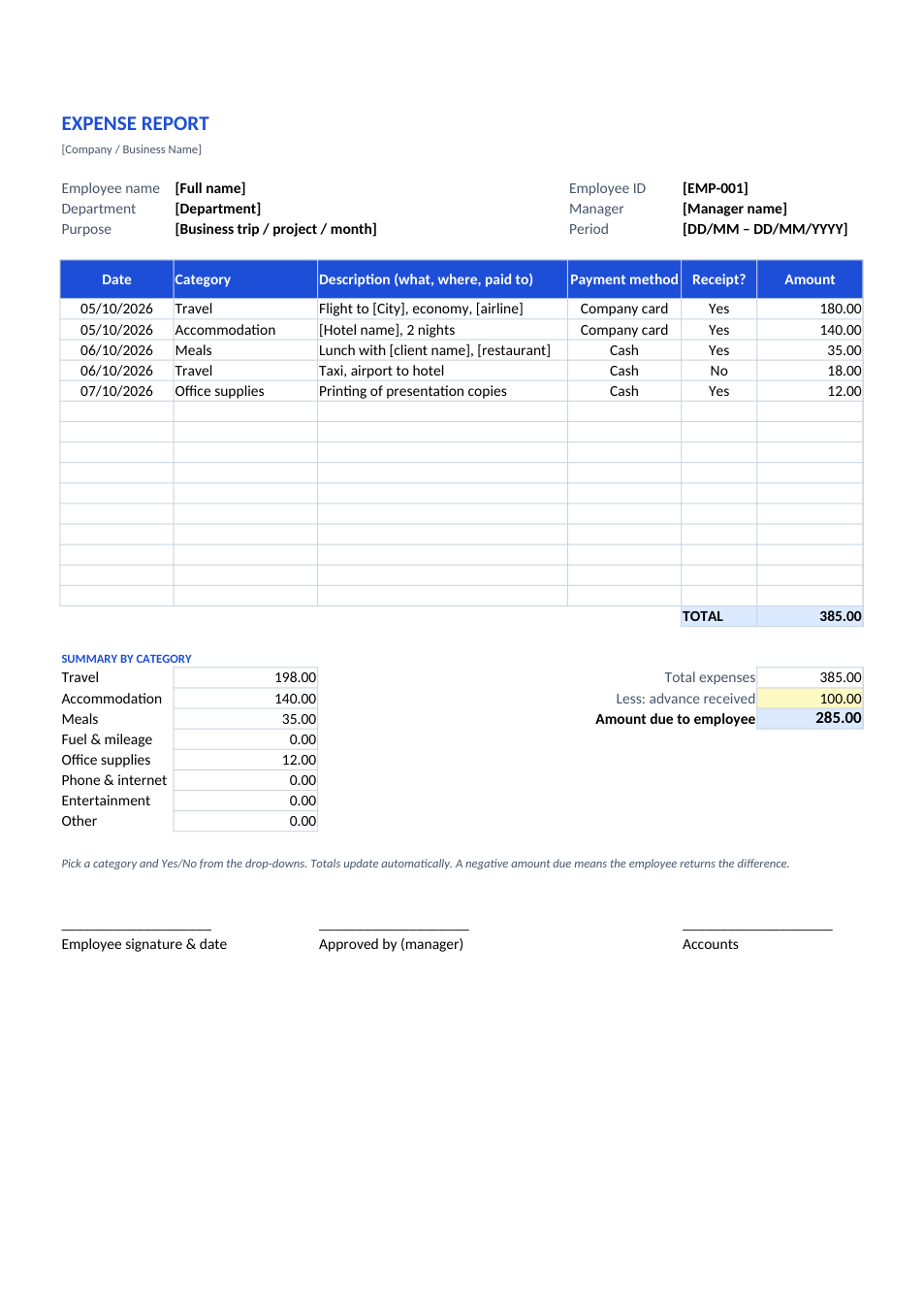 Expense Report template preview
