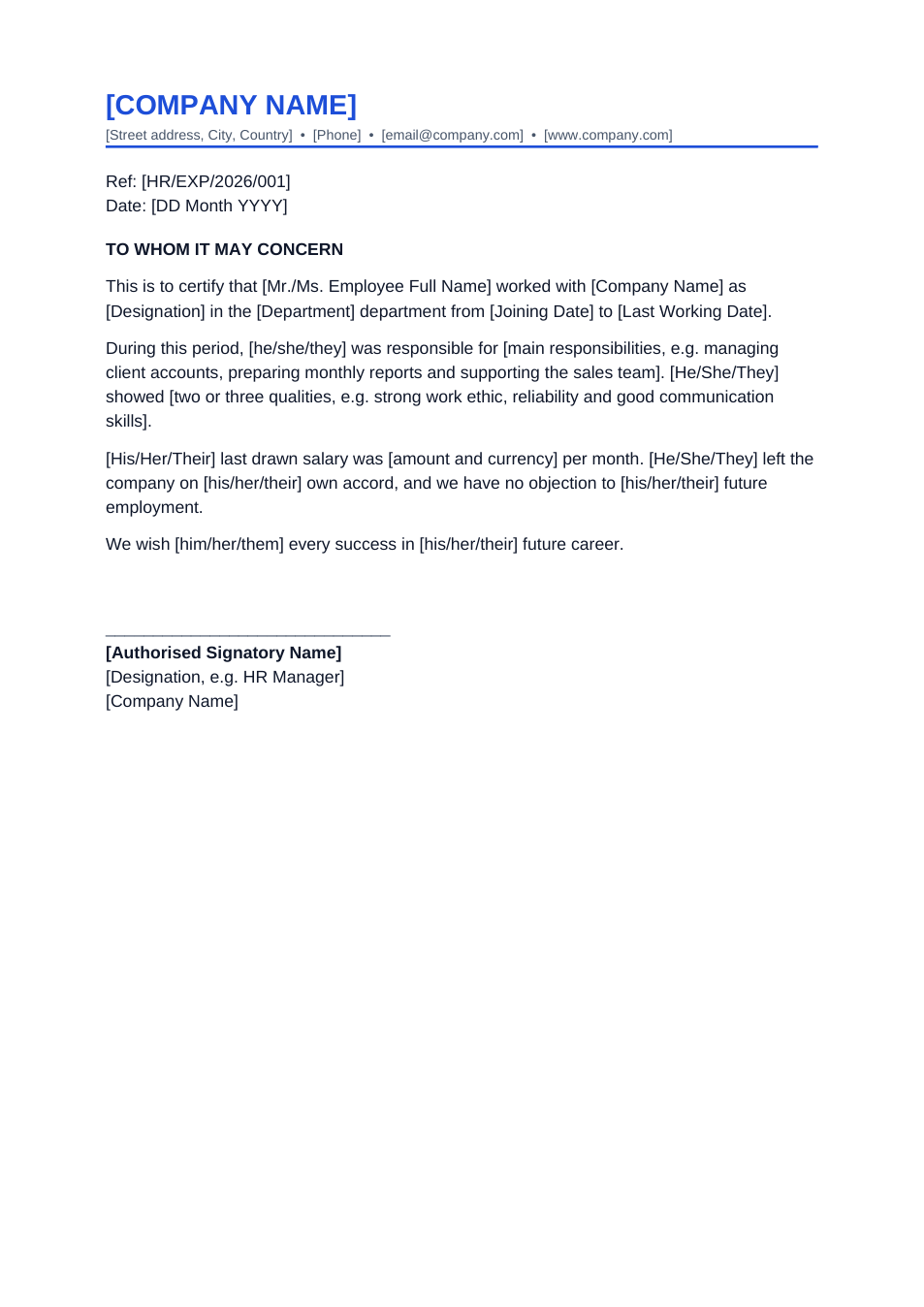 Experience Letter template preview
