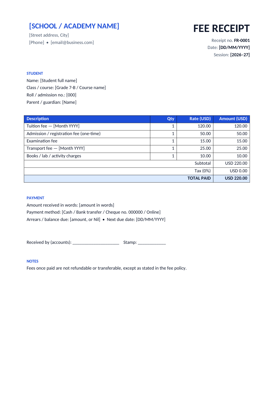 School Fee Receipt template preview