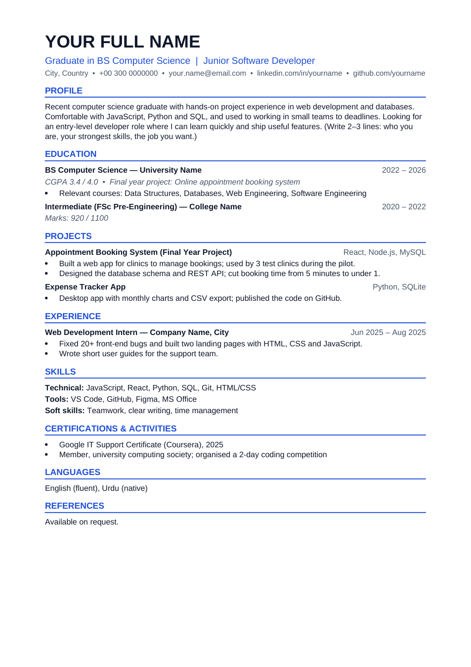 Fresh Graduate CV template preview