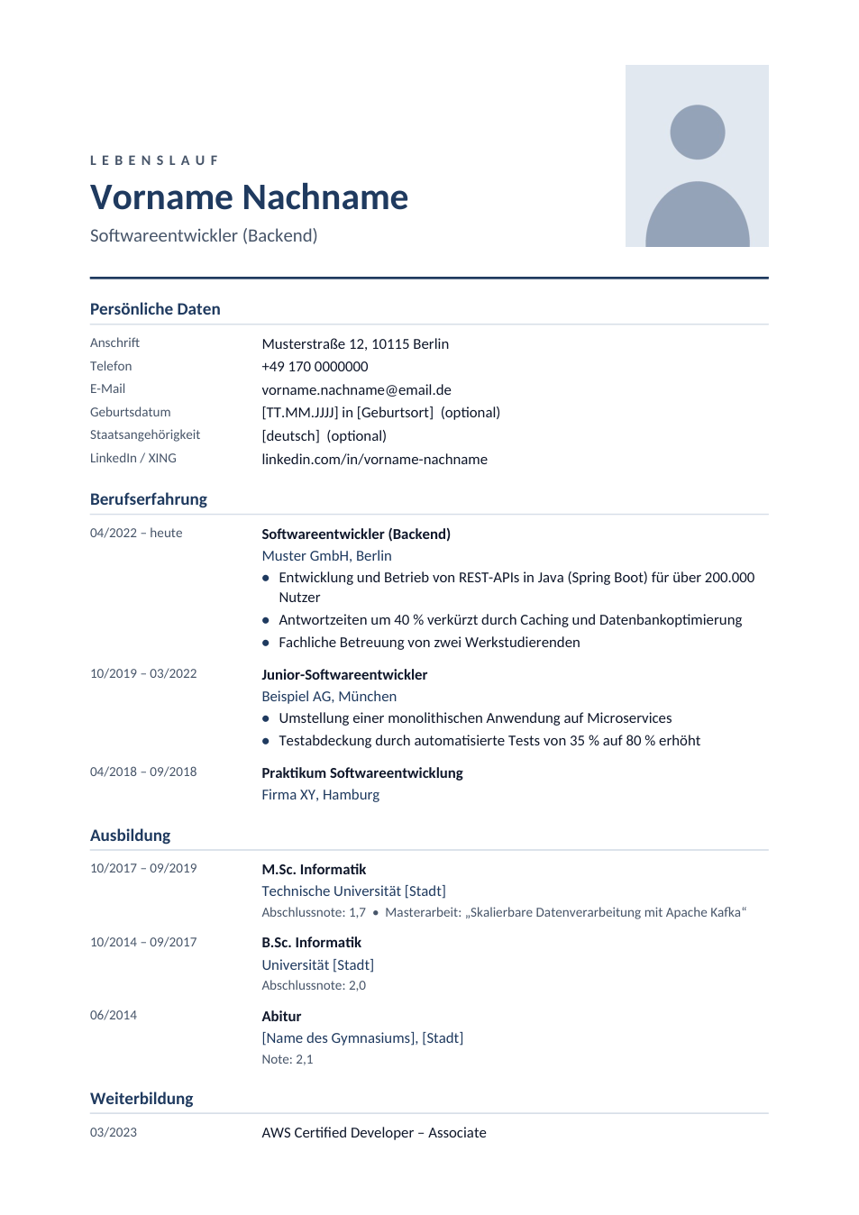 German CV (Lebenslauf) template preview