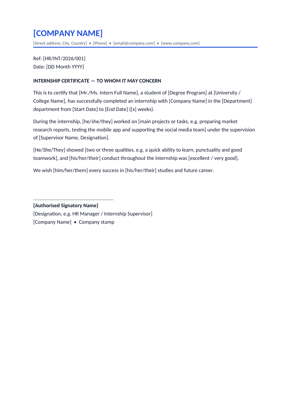 Internship Certificate template preview