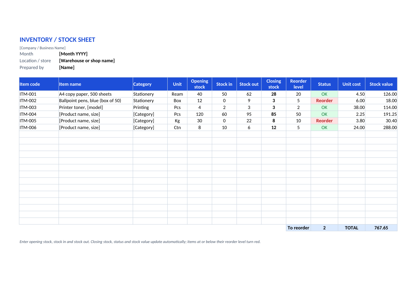 Preview of the Inventory / Stock Sheet template
