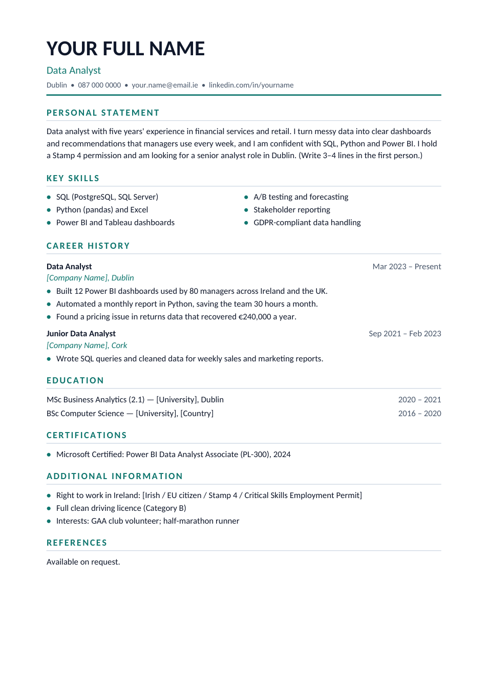 Preview of the Ireland CV template