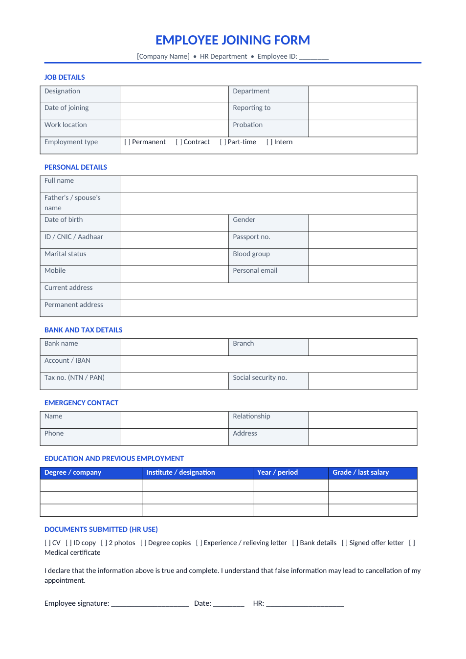 Preview of the Employee Joining Form template