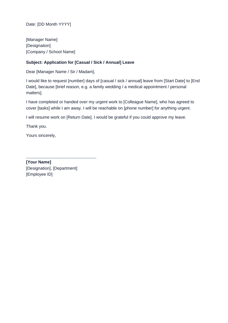 Leave Application template preview