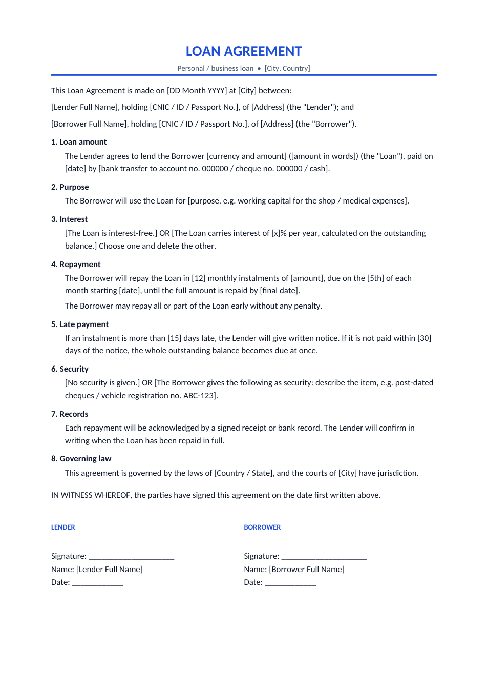 Loan Agreement template preview