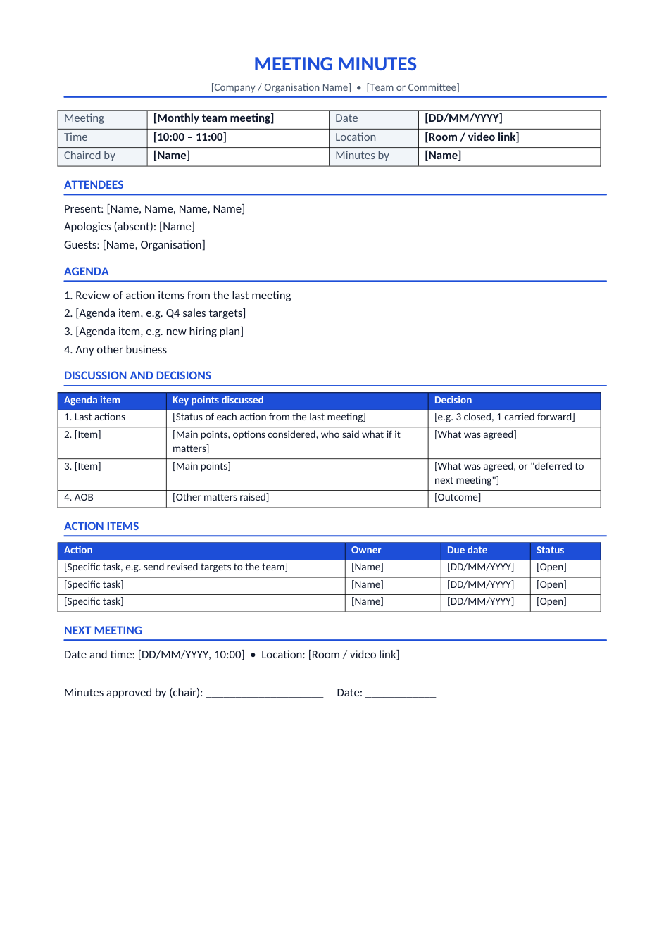 Meeting Minutes template preview
