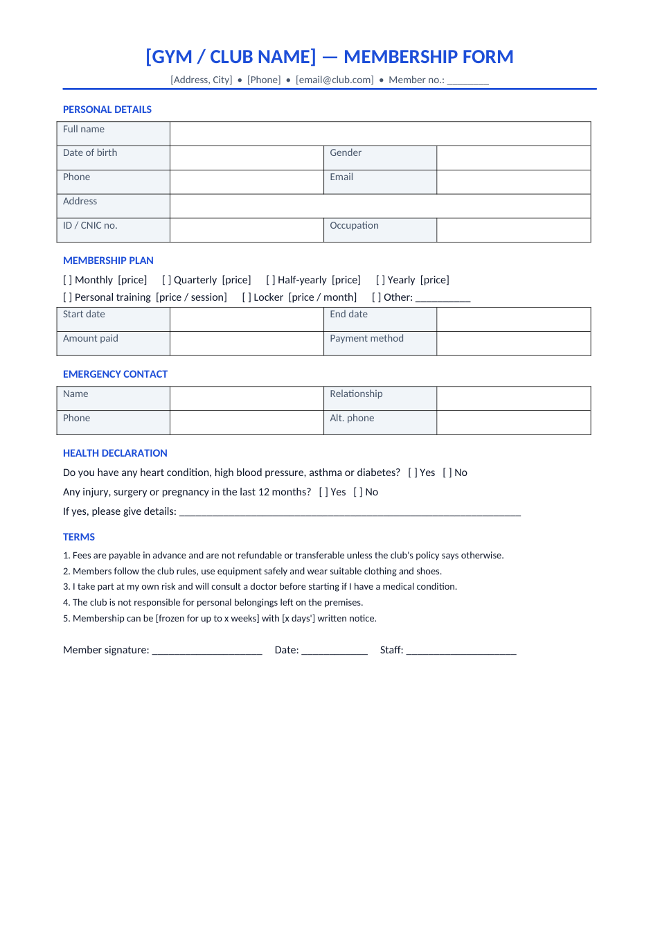 Gym / Club Membership Form template preview