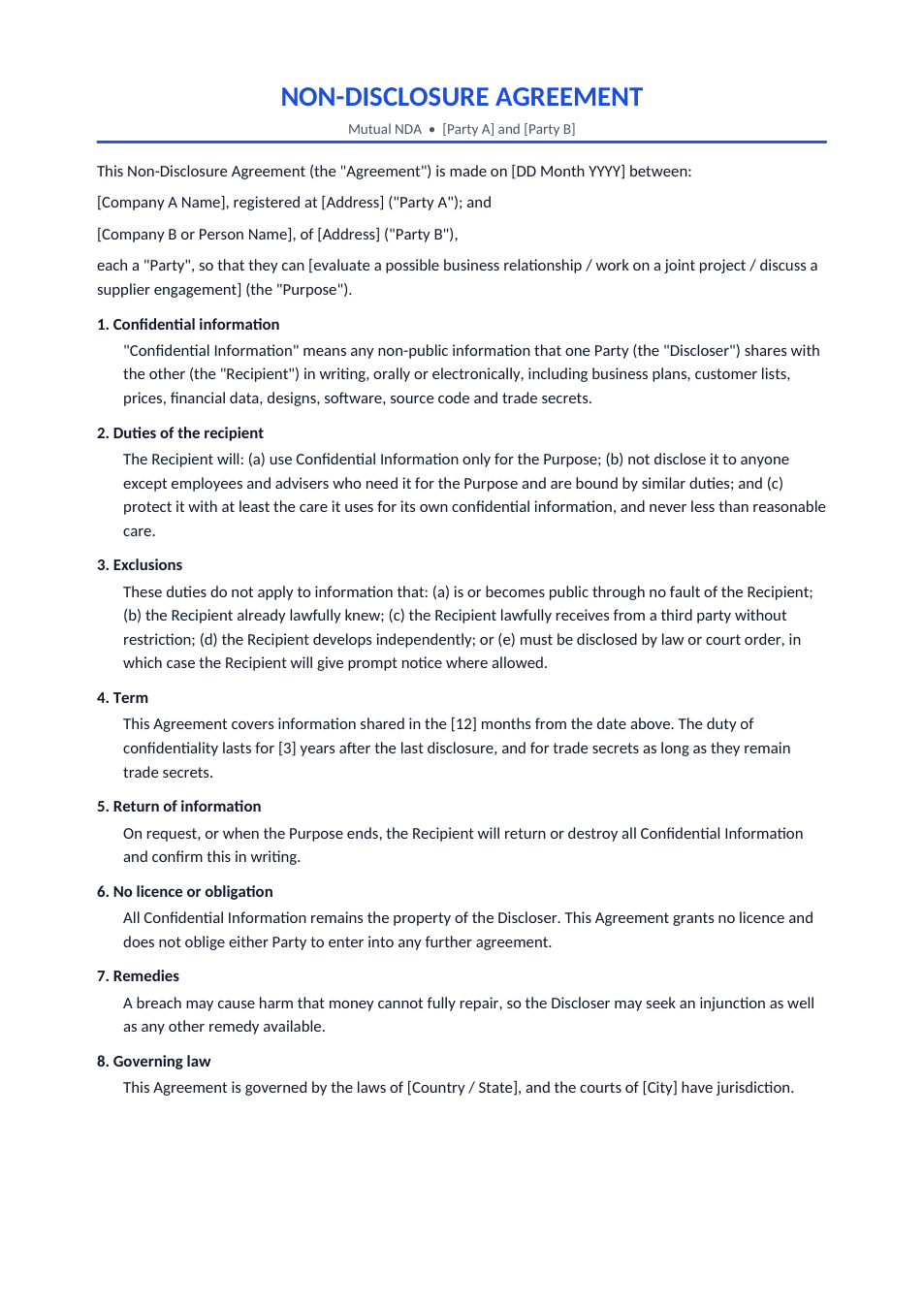 Preview of the Non-Disclosure Agreement (NDA) template