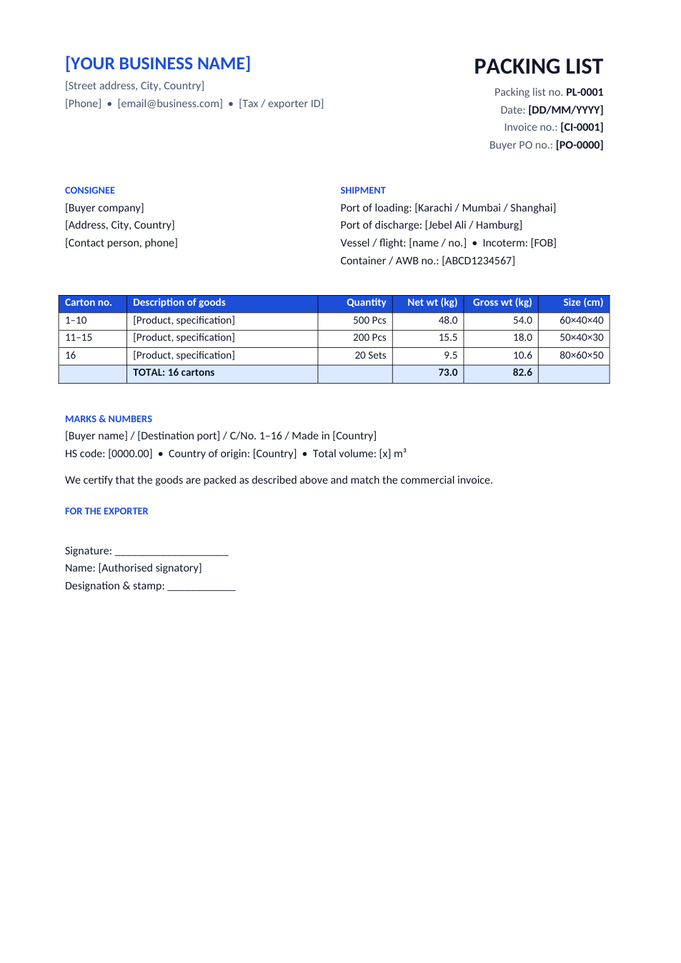 Preview of the Packing List template
