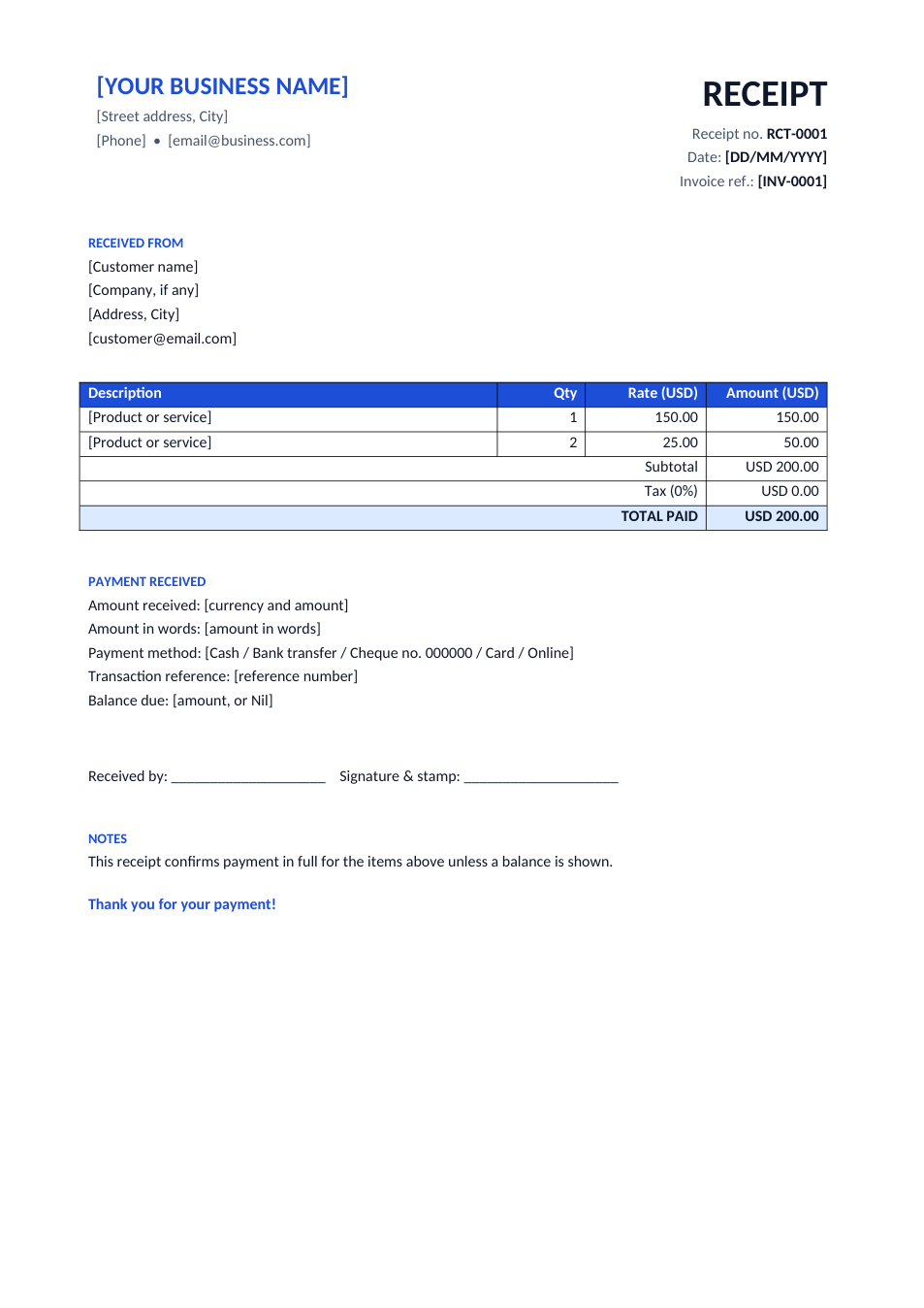 Payment Receipt template preview
