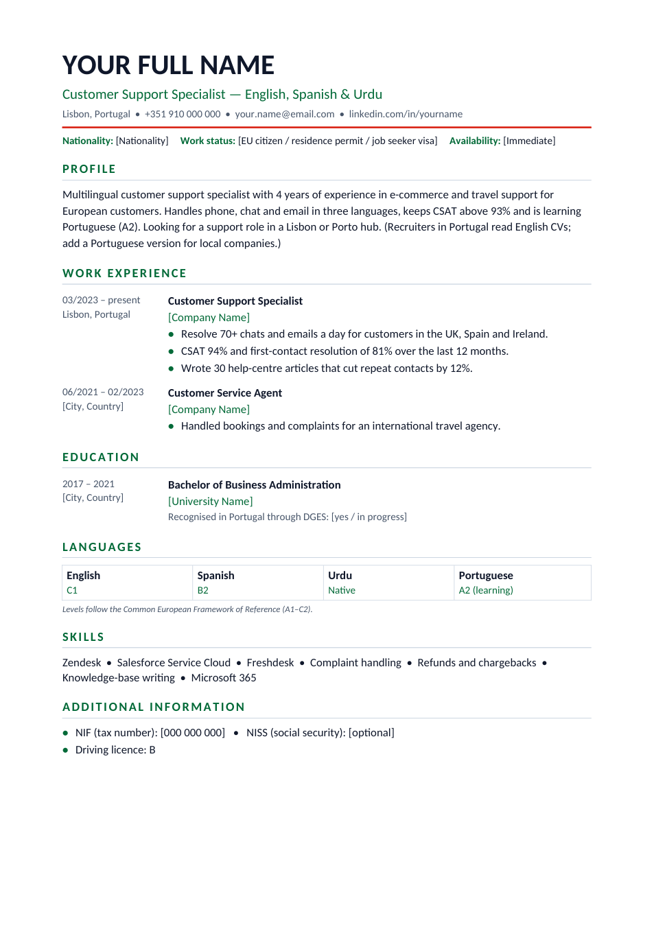 Portugal CV template preview