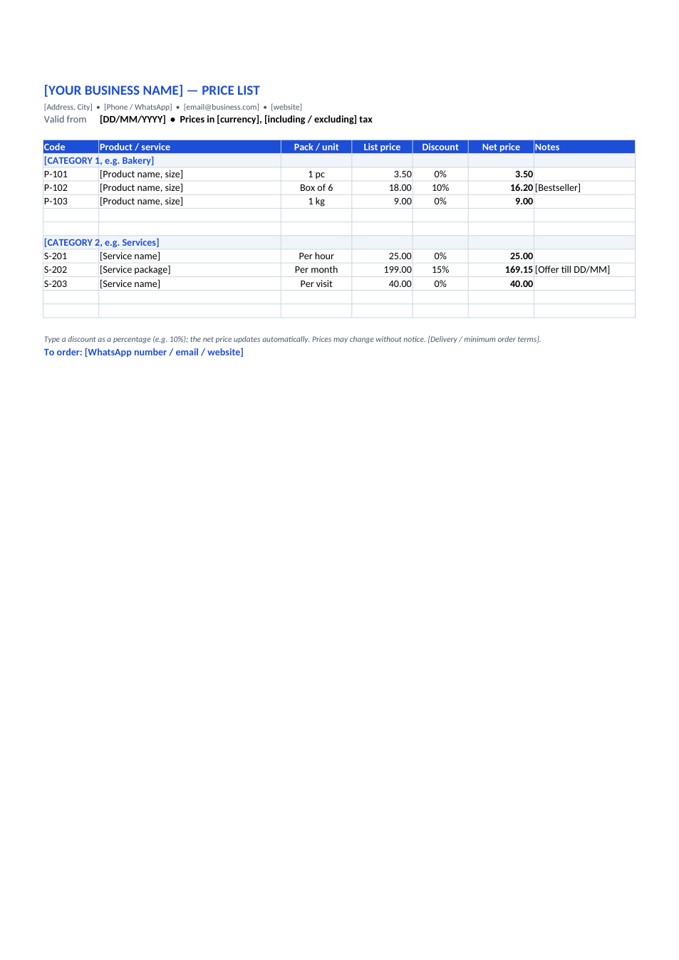 Price List template preview