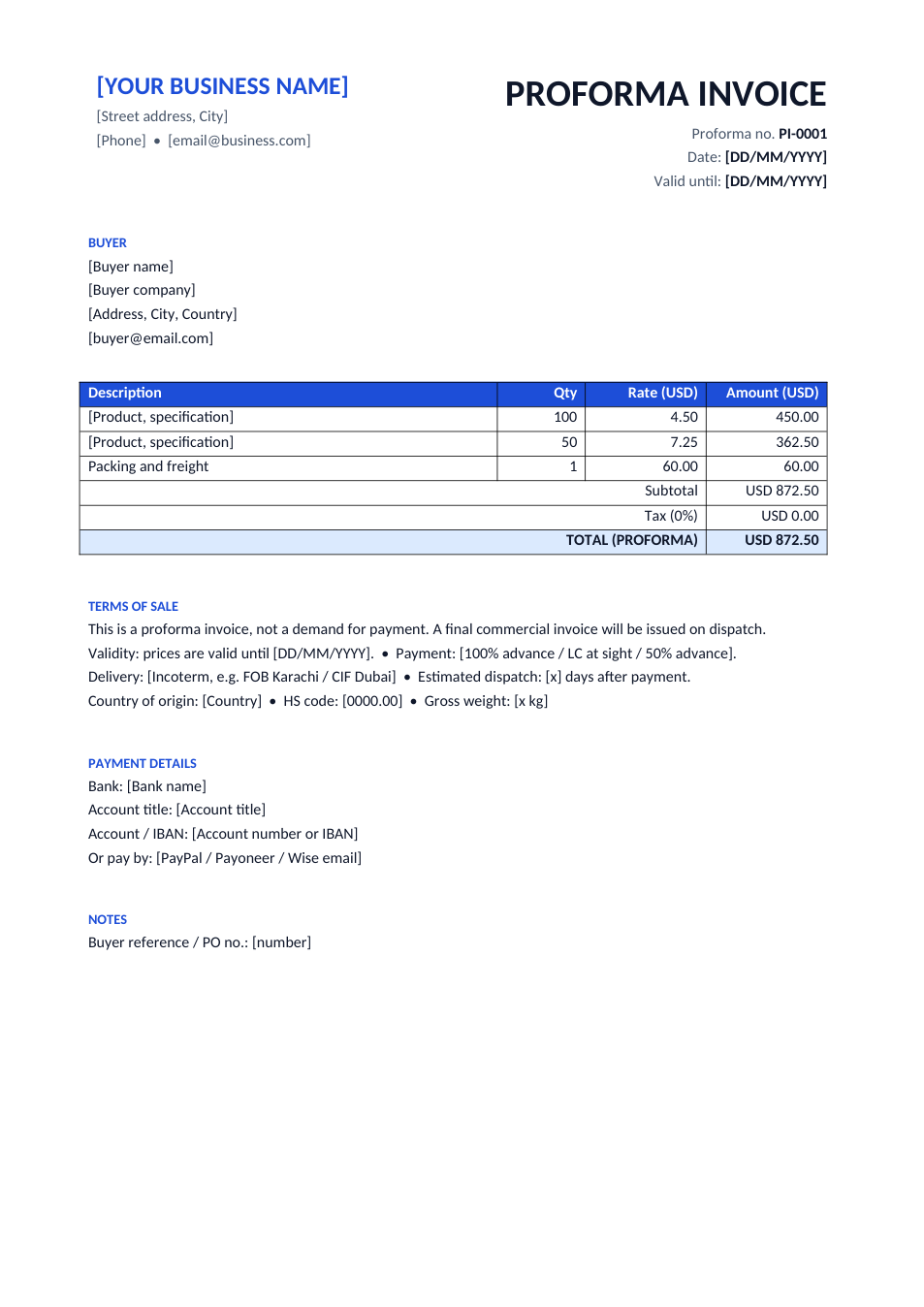 Preview of the Proforma Invoice template