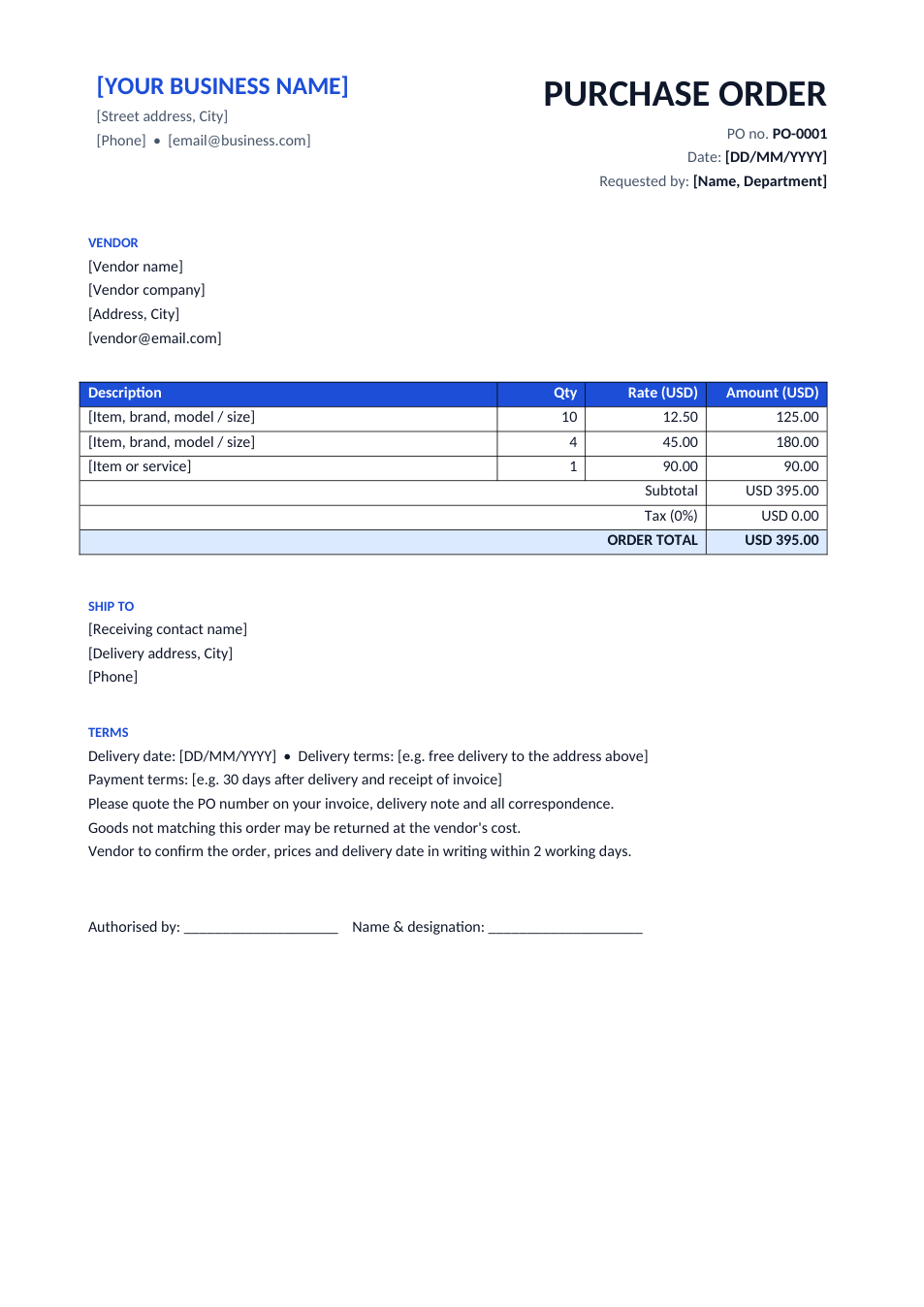 Purchase Order template preview