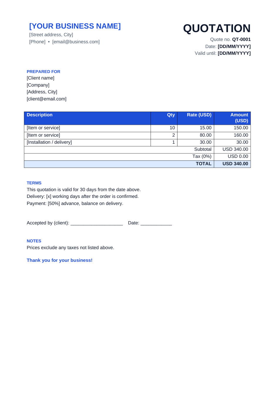 Quotation template preview
