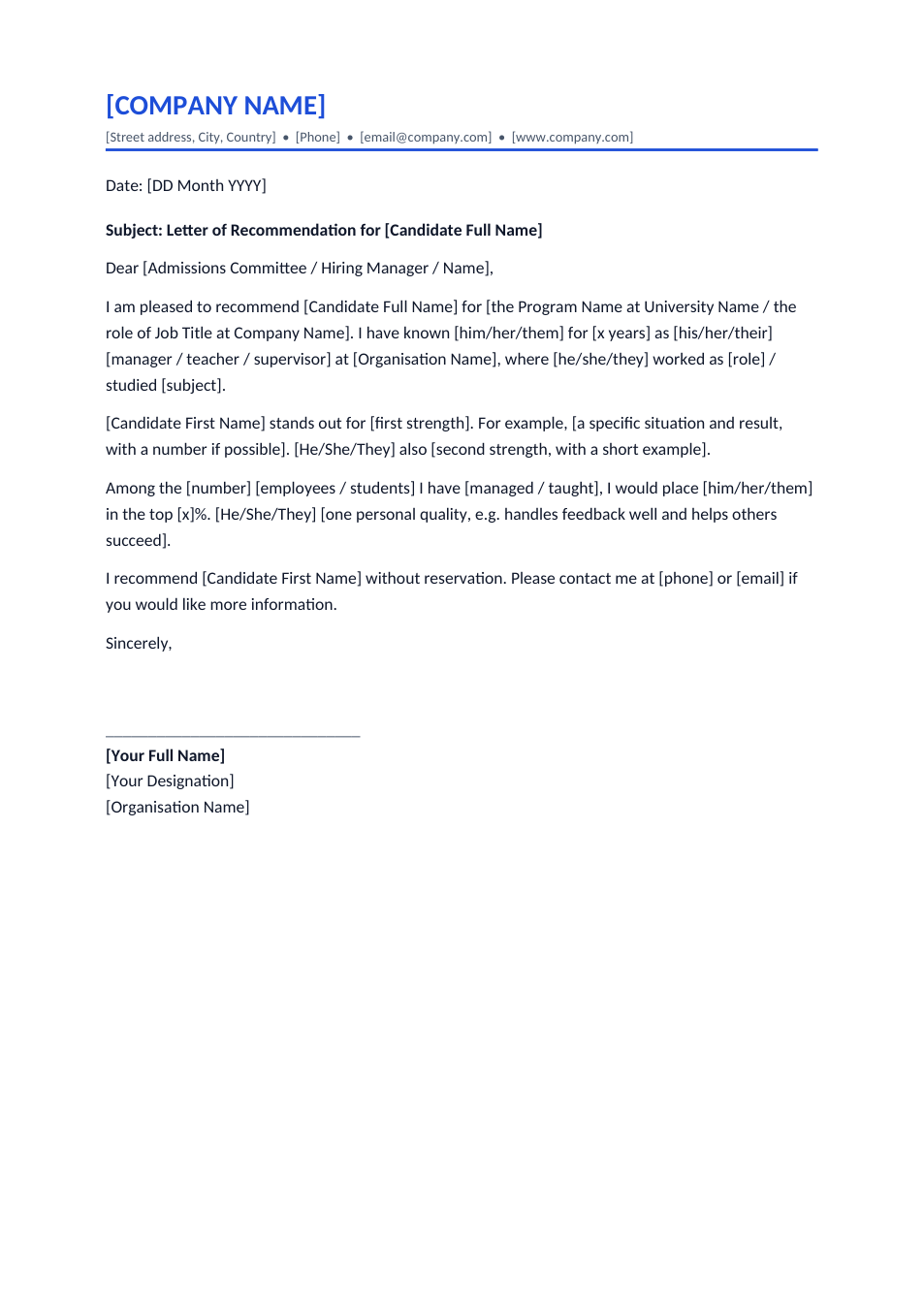 Recommendation Letter template preview