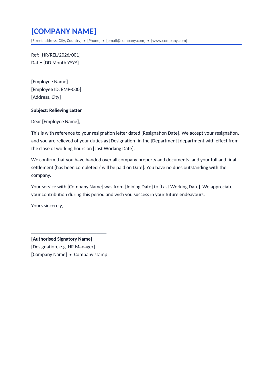 Relieving Letter template preview