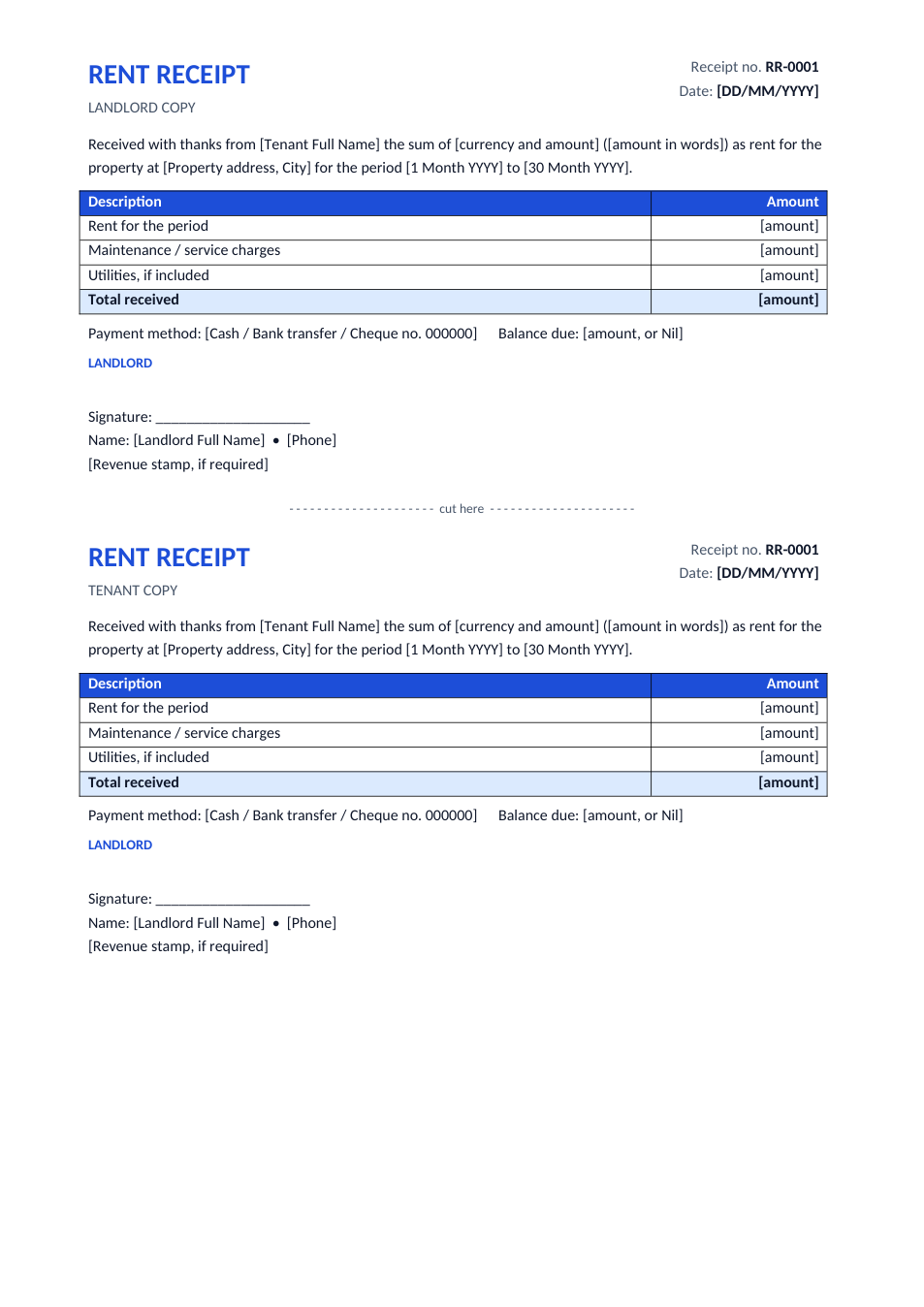Rent Receipt template preview