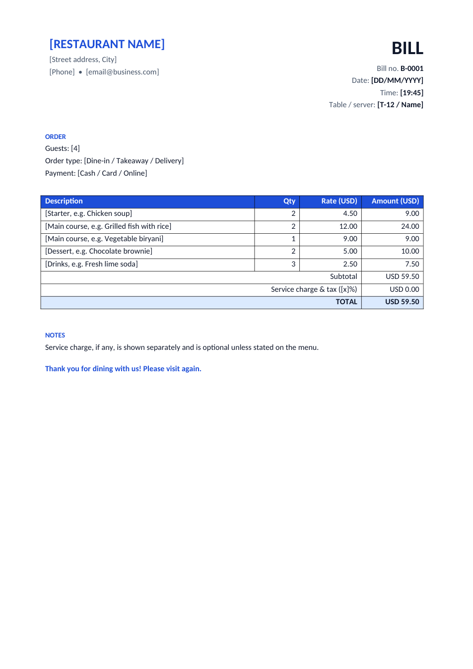 Restaurant Bill template preview