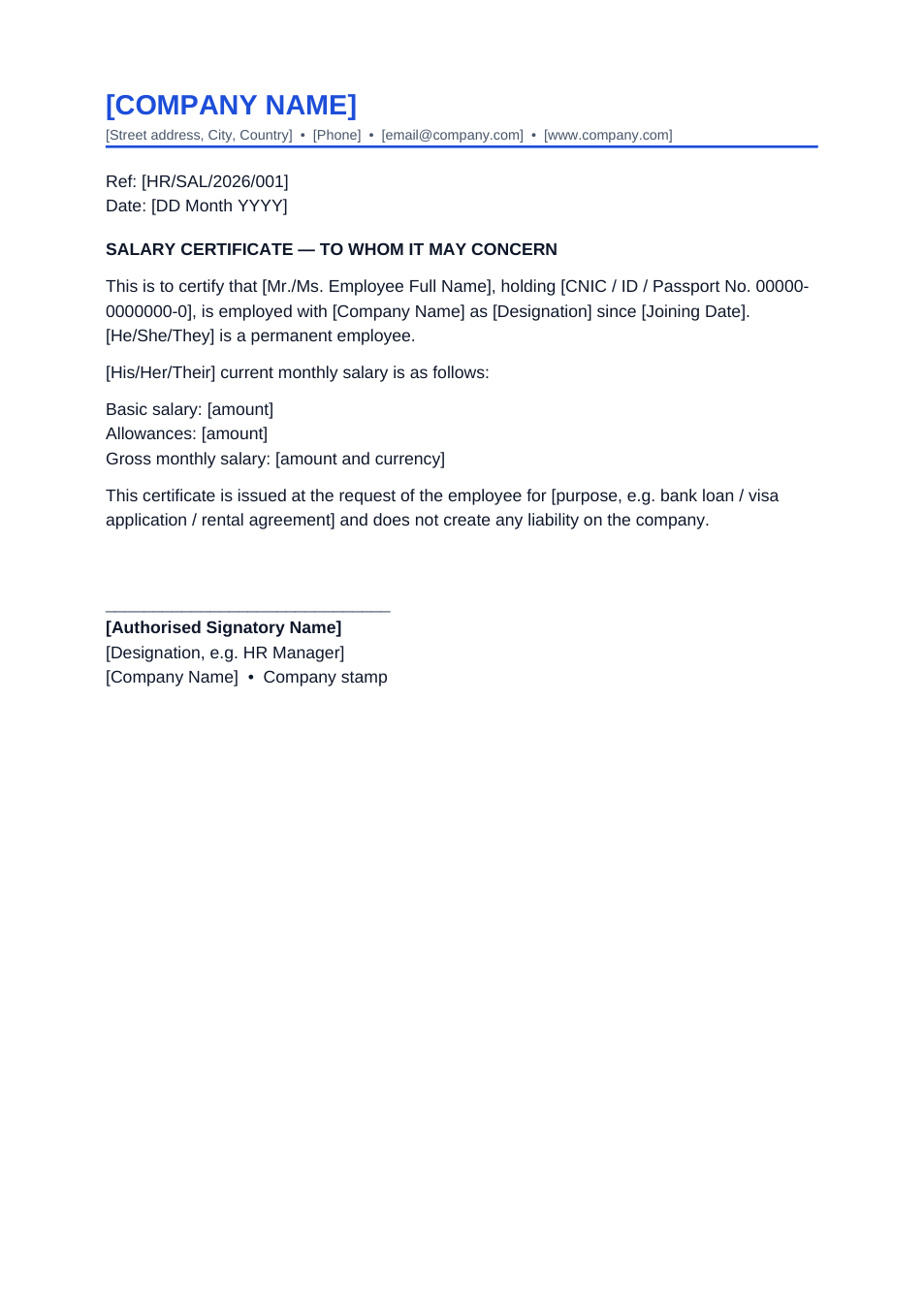 Salary Certificate template preview