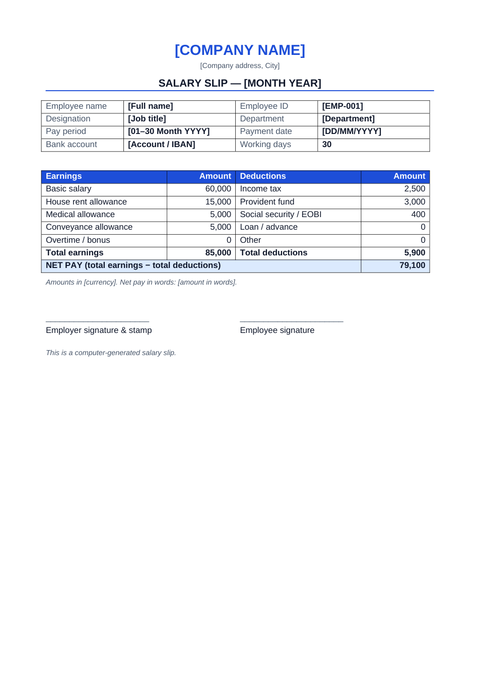 Salary Slip template preview