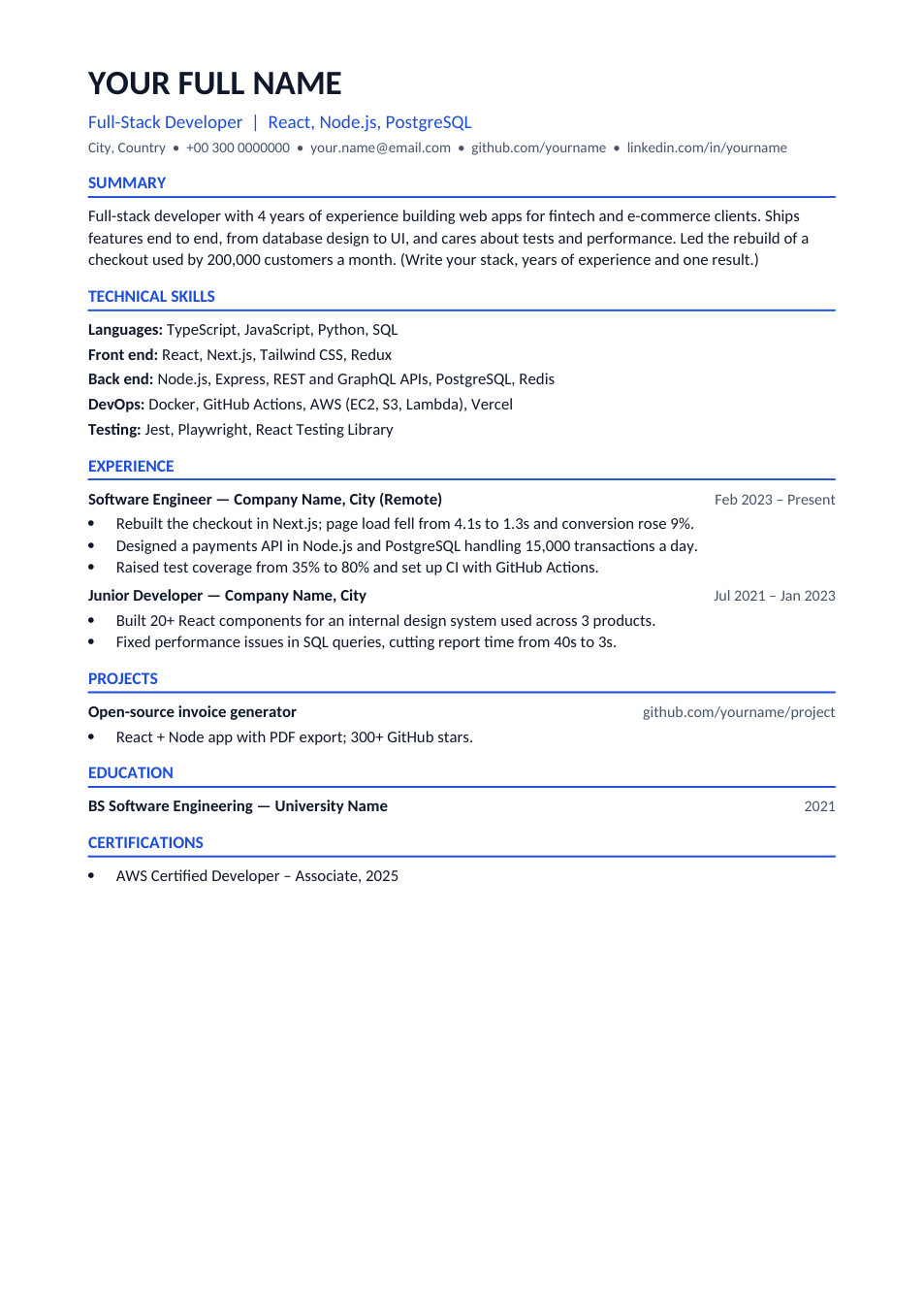 Software Developer CV template preview