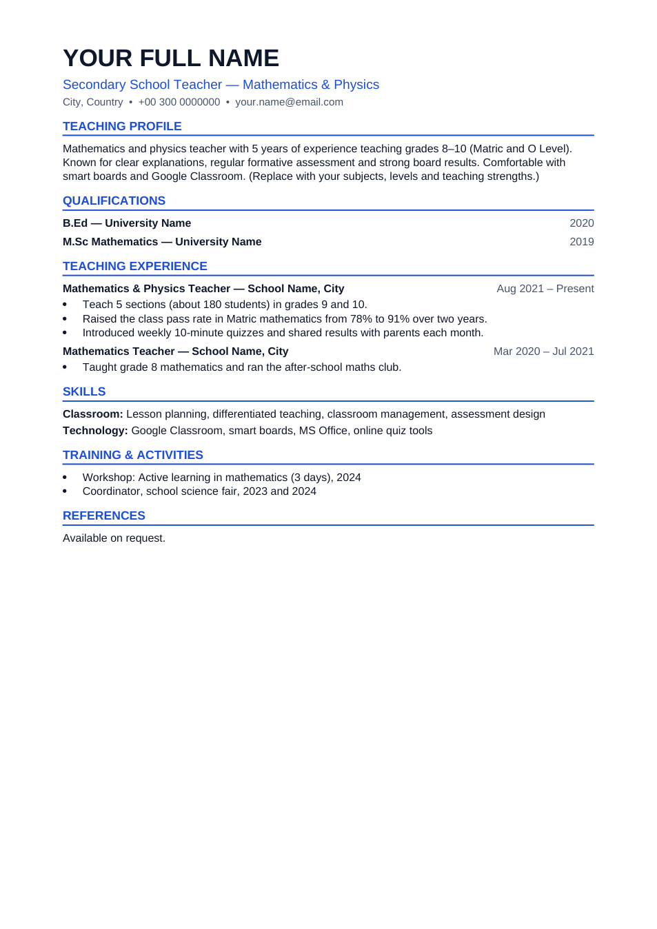 Teacher CV template preview