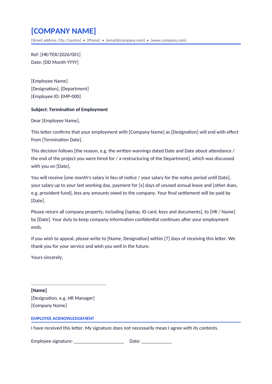 Termination Letter template preview