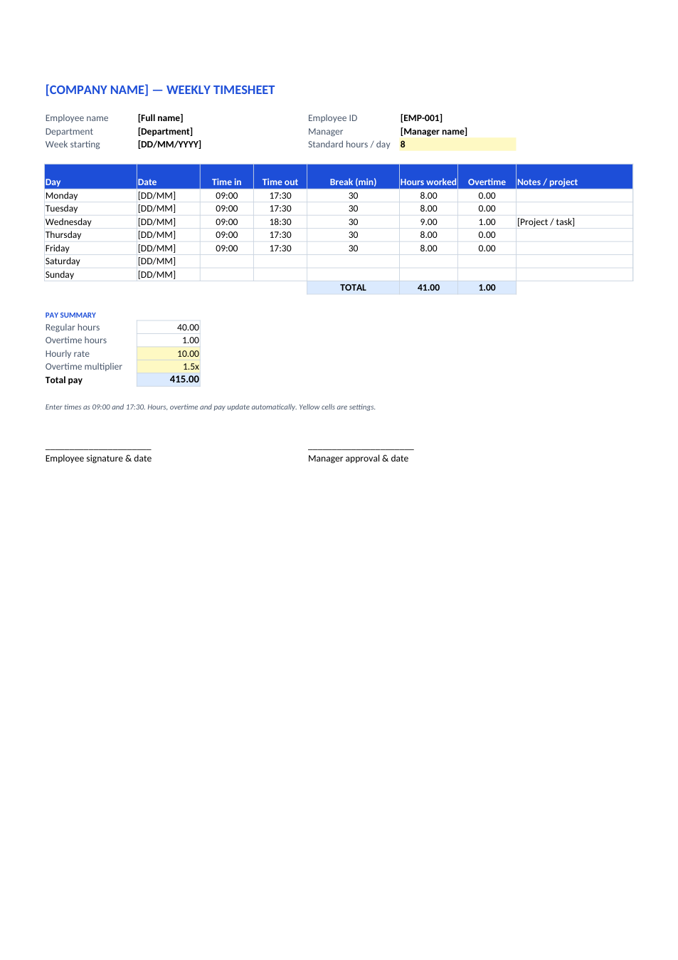 Preview of the Weekly Timesheet template