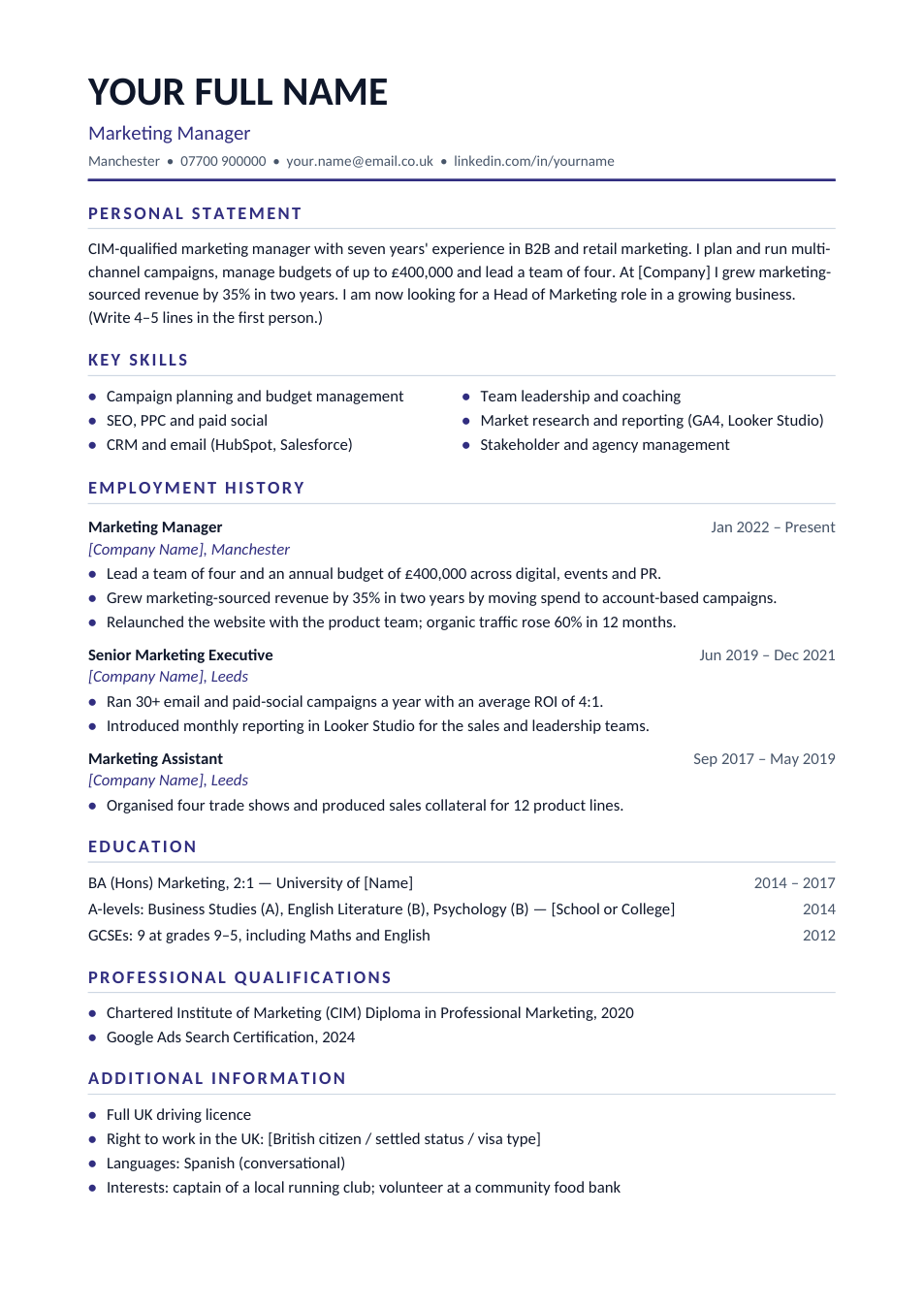 UK CV template preview