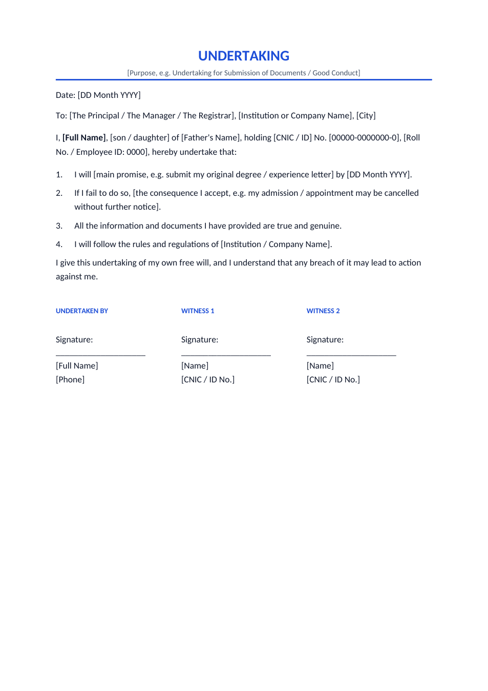 Undertaking template preview