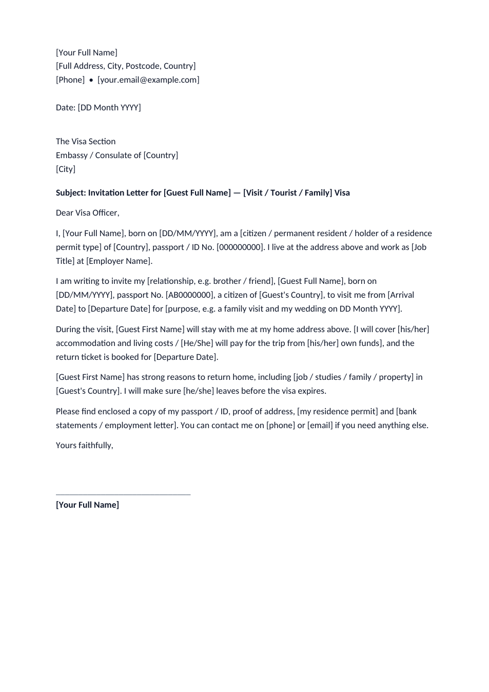 Preview of the Visa Invitation Letter template