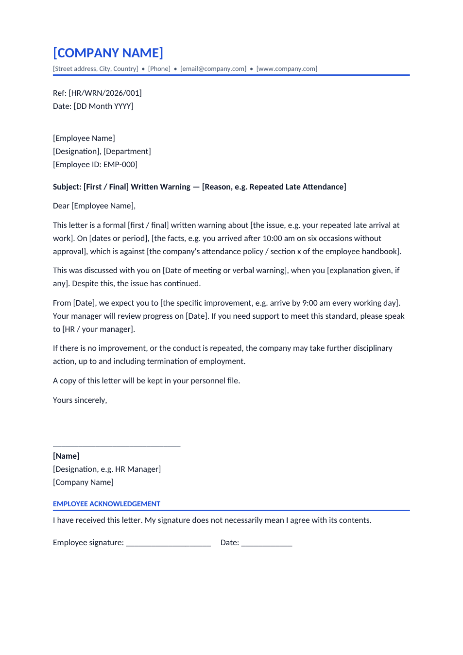 Warning Letter template preview