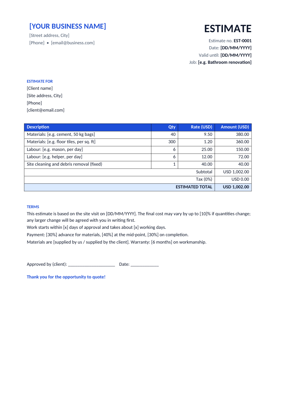 Work Estimate template preview